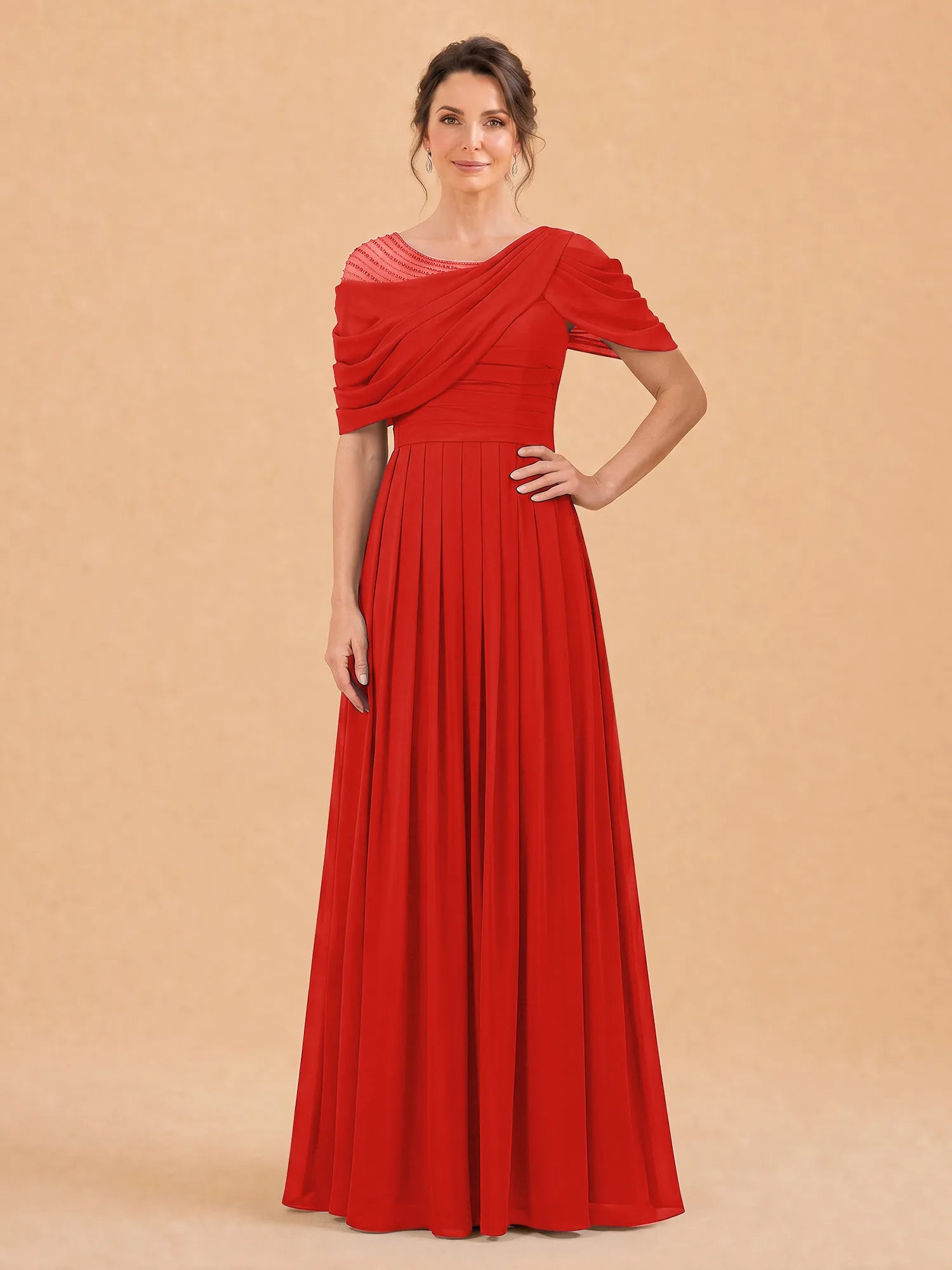 One-Shoulder Cape Overlay Chiffon Mother of the Bride Dress