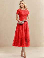 A-line Scoop Tea-Length Tulle Lace Mother of the Bride Dress