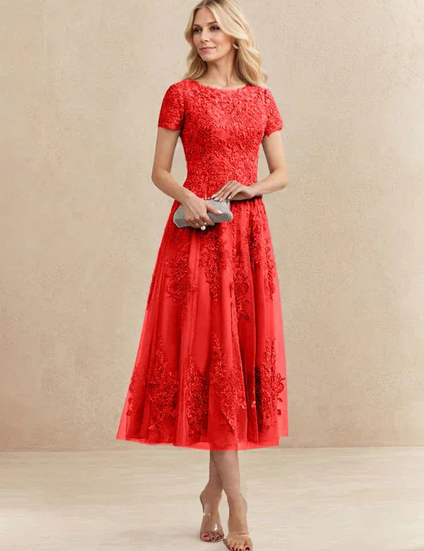 A-line Scoop Tea-Length Tulle Lace Mother of the Bride Dress