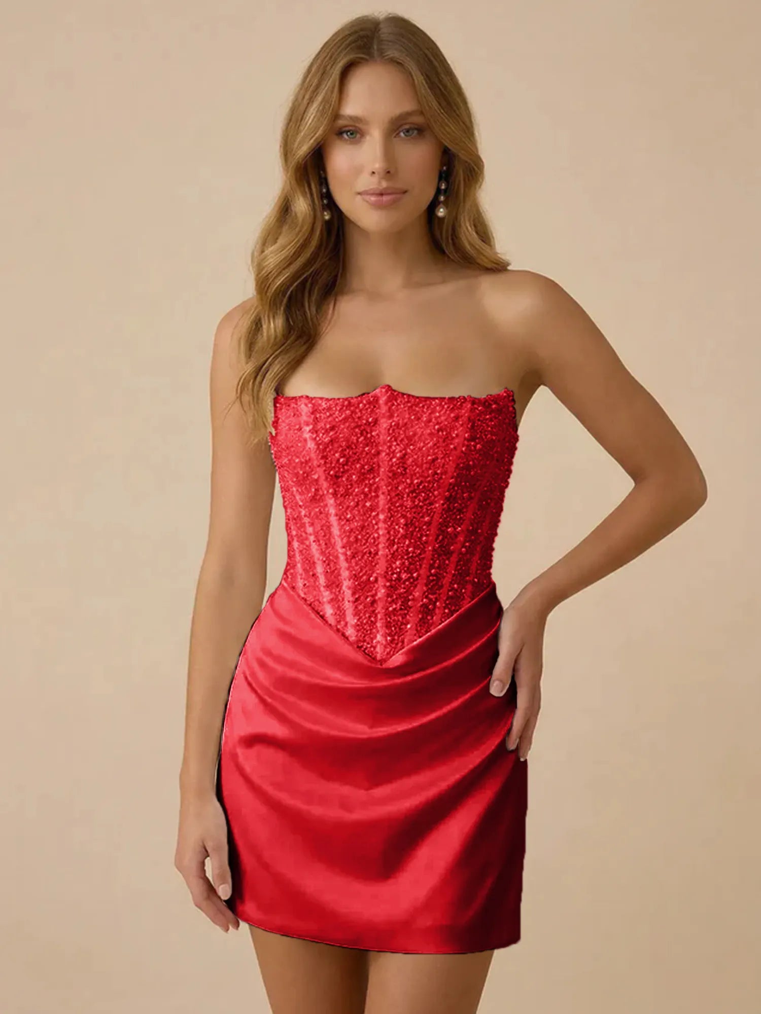 White Strapless Sequin Beaded Satin Short Homecoming Dress with Corset