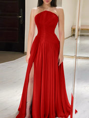 Red Pleated Chiffon Strapless Long Prom Dress with Slit