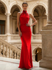 Navy Blue Halter Neck Maxi Dresses Mermaid Evening Dress