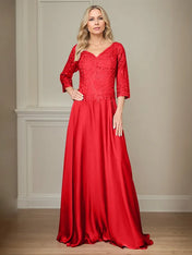 A Line Chiffon V Neck 3/4 Sleeves Floor-Length Mother Of The Bride Dress With Appliques