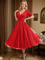 A-line V-Neck Tea-Length Tulle Lace Mother of the Bride Dress With Pleated