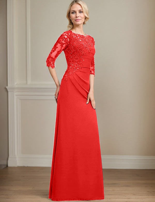 Robe de mère de la mariée trapèze en mousseline de soie et dentelle, longueur au sol, avec perles et paillettes plissées