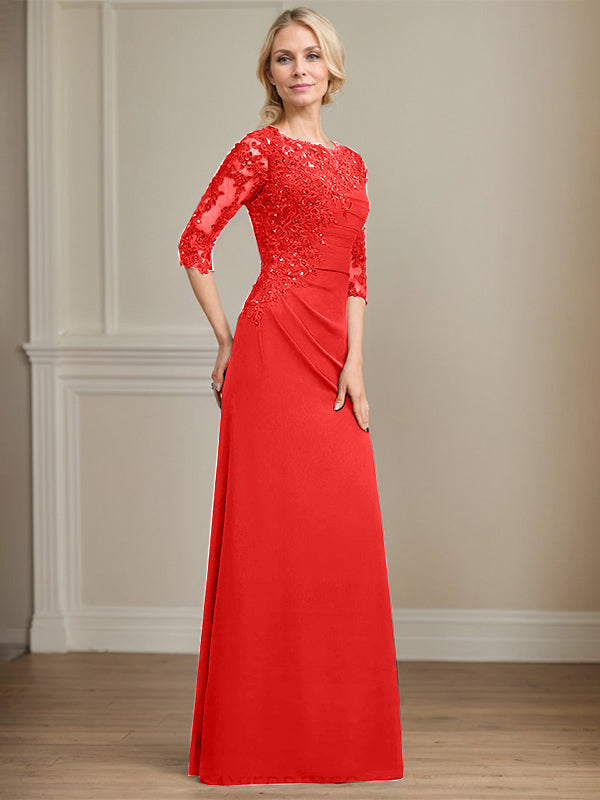 A-line Scoop Floor-Length Chiffon Lace Mother of the Bride Dress With Beading Pleated Sequins