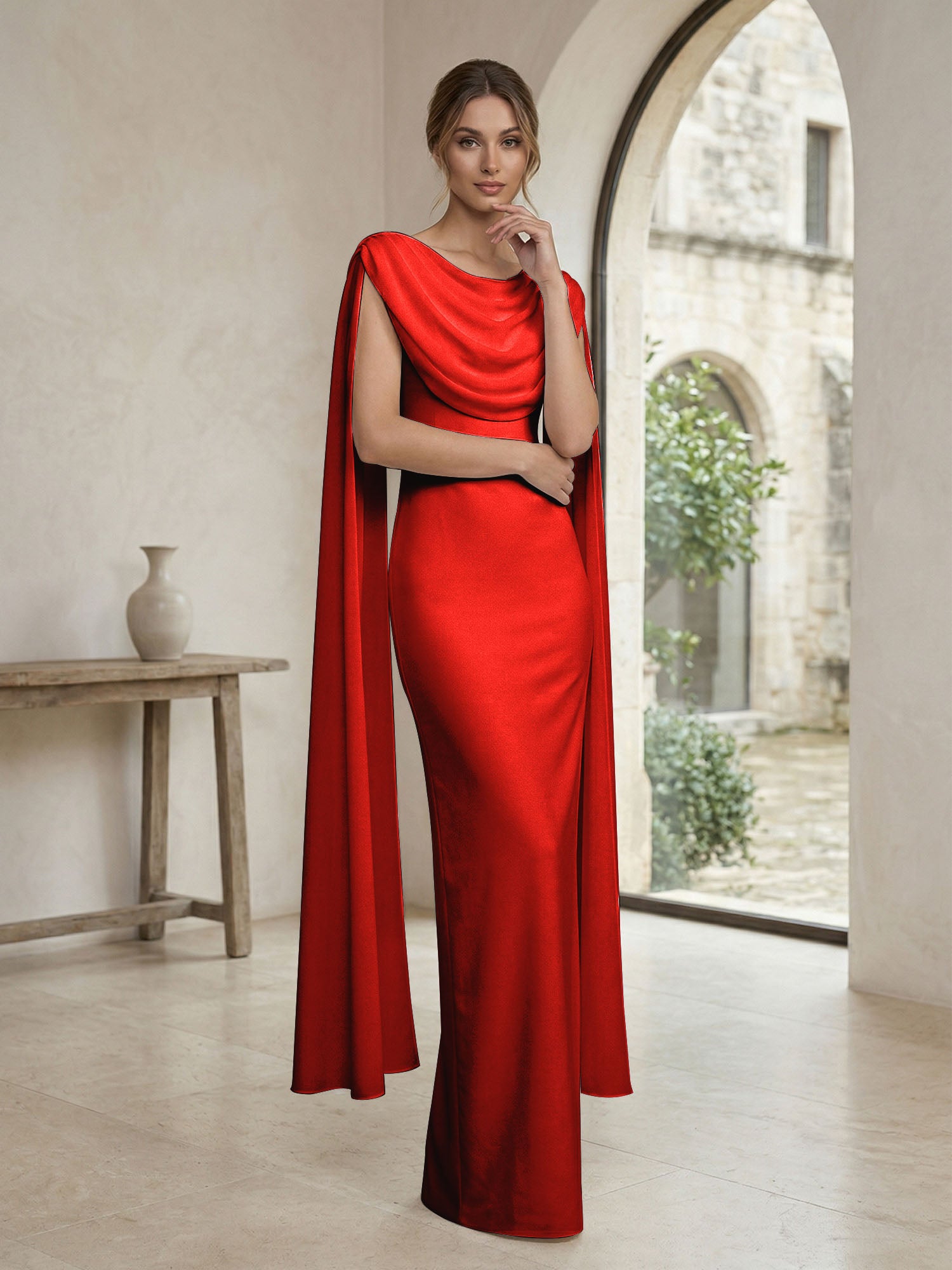 Ivory Draped Cowl Neck Cape Gown Maxi Dress