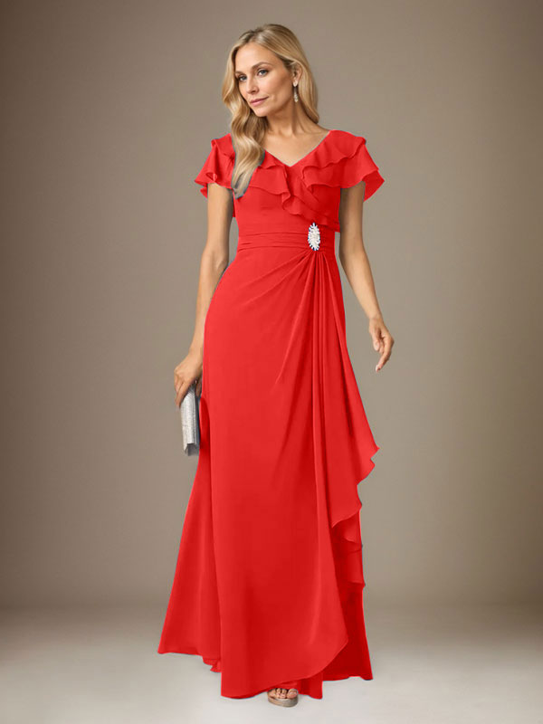 Stormy A-Line V-Neck Ruched Chiffon Dress