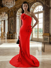 A Line One Shoulder Sleeveless Floor Length Stretch Crepe Dress With 3D Flowers