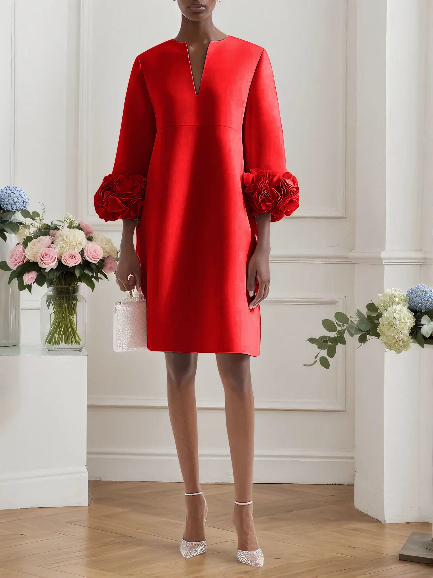 Pink 3D Floral Classic Notched Long Sleeve A-Line Midi Dress