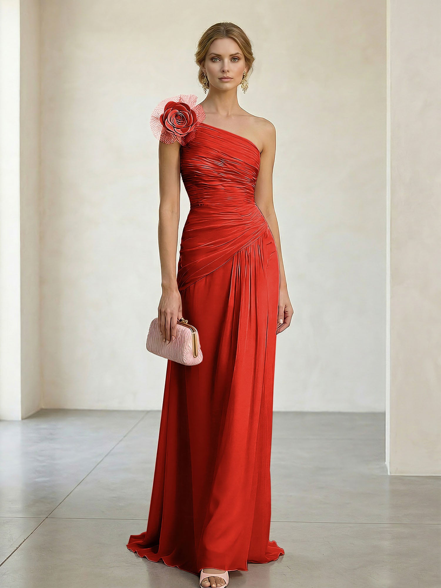 Blush Pink One-Shoulder Ruched 3D Floral Gown Dress