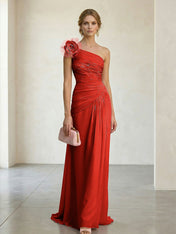Blush Pink One-Shoulder Ruched 3D Floral Gown Dress