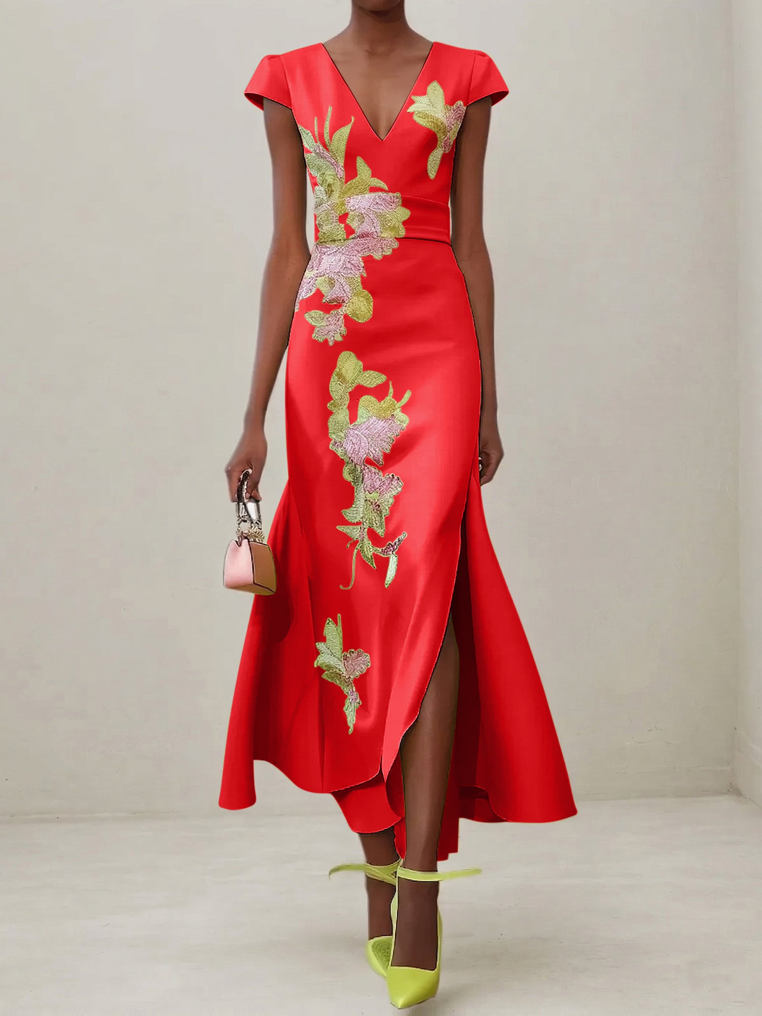 Green Floral V Neck Embroidered Cap Sleeve Slit Sheath Maxi Dress