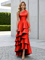 One Shoulder Tiered Ruffle Satin Mermaid Evening Gown with Sculptural Layers