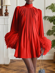 Blue Feather Ruched Chiffon Mock Neck Long Sleeve A-Line Mini Dress