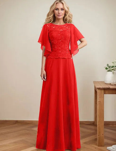 A-line Scoop Illusion Floor-Length Lace Chiffon Mother of the Bride Dress With Sequins