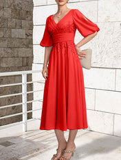 A-line V-Neck Tea-Length Lace Chiffon Mother of the Bride Dress With Pleated