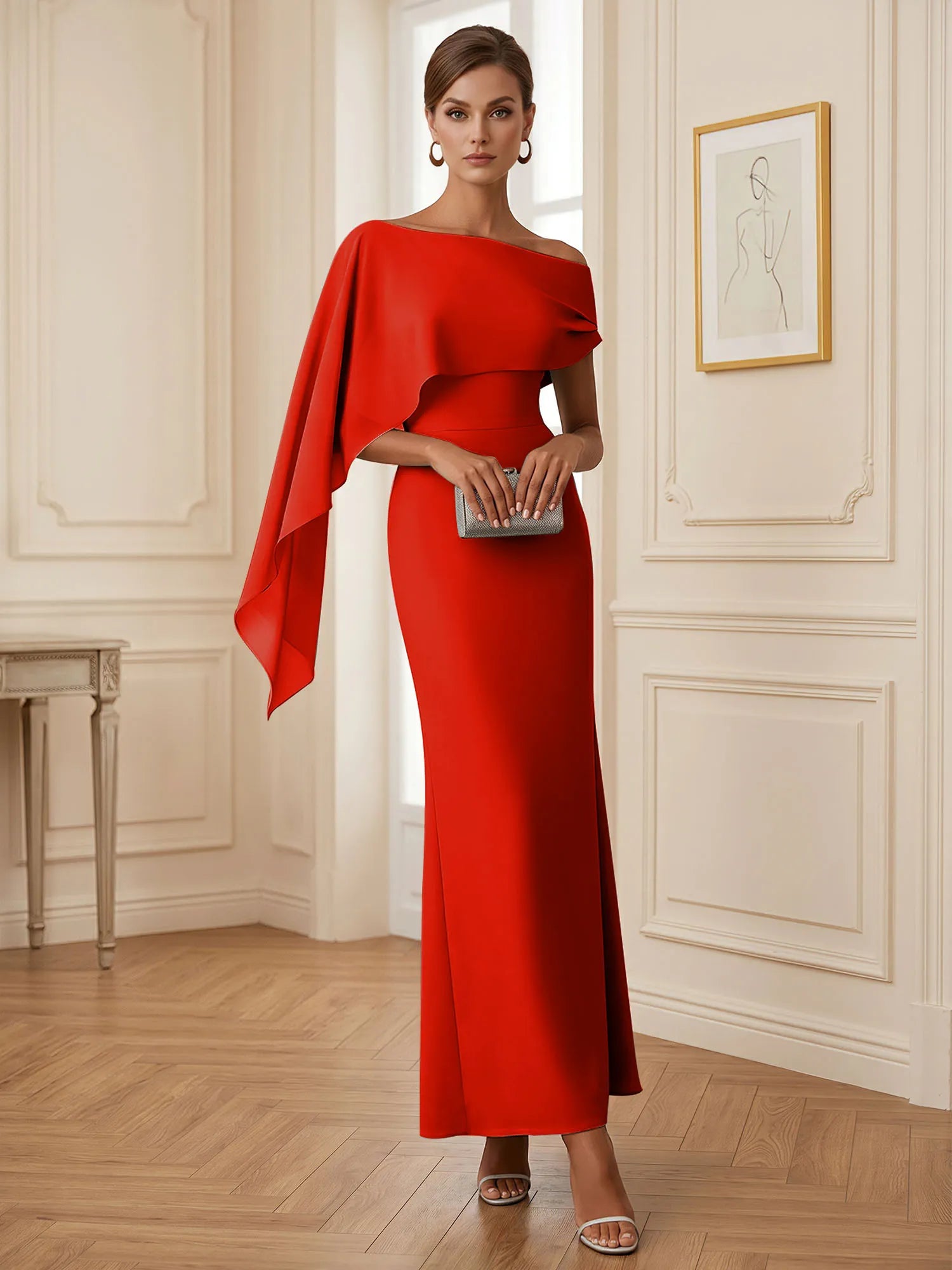 Elegant Mint Green One-Shoulder Chiffon Mermaid Formal Evening Dress with Cape and Ruffles