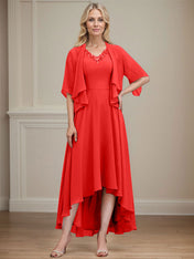 A-line V-Neck Asymmetrical Chiffon Mother of the Bride Dress With Beading Sequins