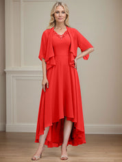 A-line V-Neck Asymmetrical Chiffon Mother of the Bride Dress With Beading Sequins