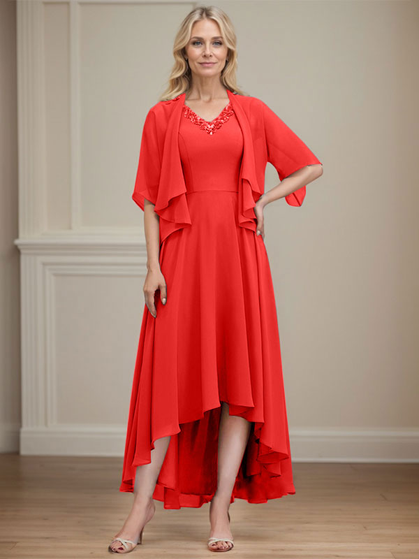 A-line V-Neck Asymmetrical Chiffon Mother of the Bride Dress With Beading Sequins
