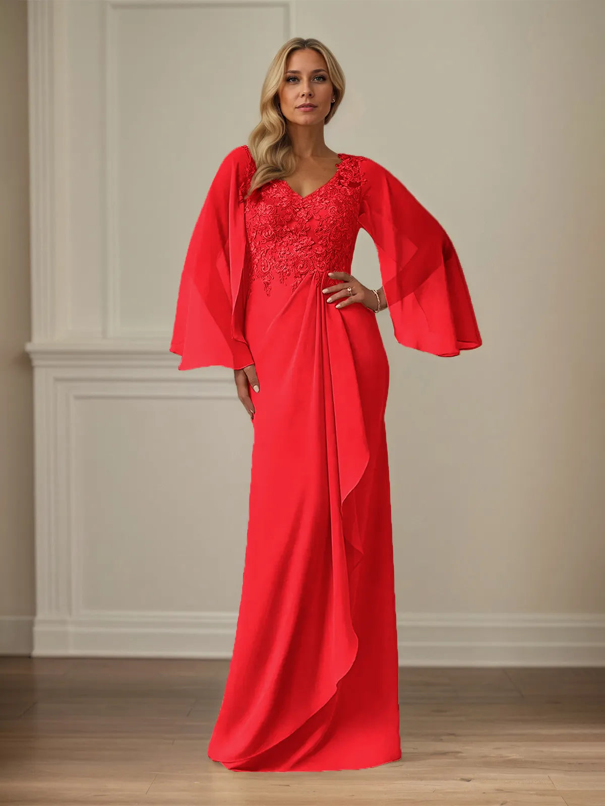 Column Chiffon V Neck Long Sleeves Floor Length Mother of the Bride Dresses With Appliques
