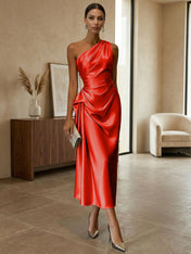 Champagne Ruched Satin One Shoulder Sleeveless Sheath Midi Dress