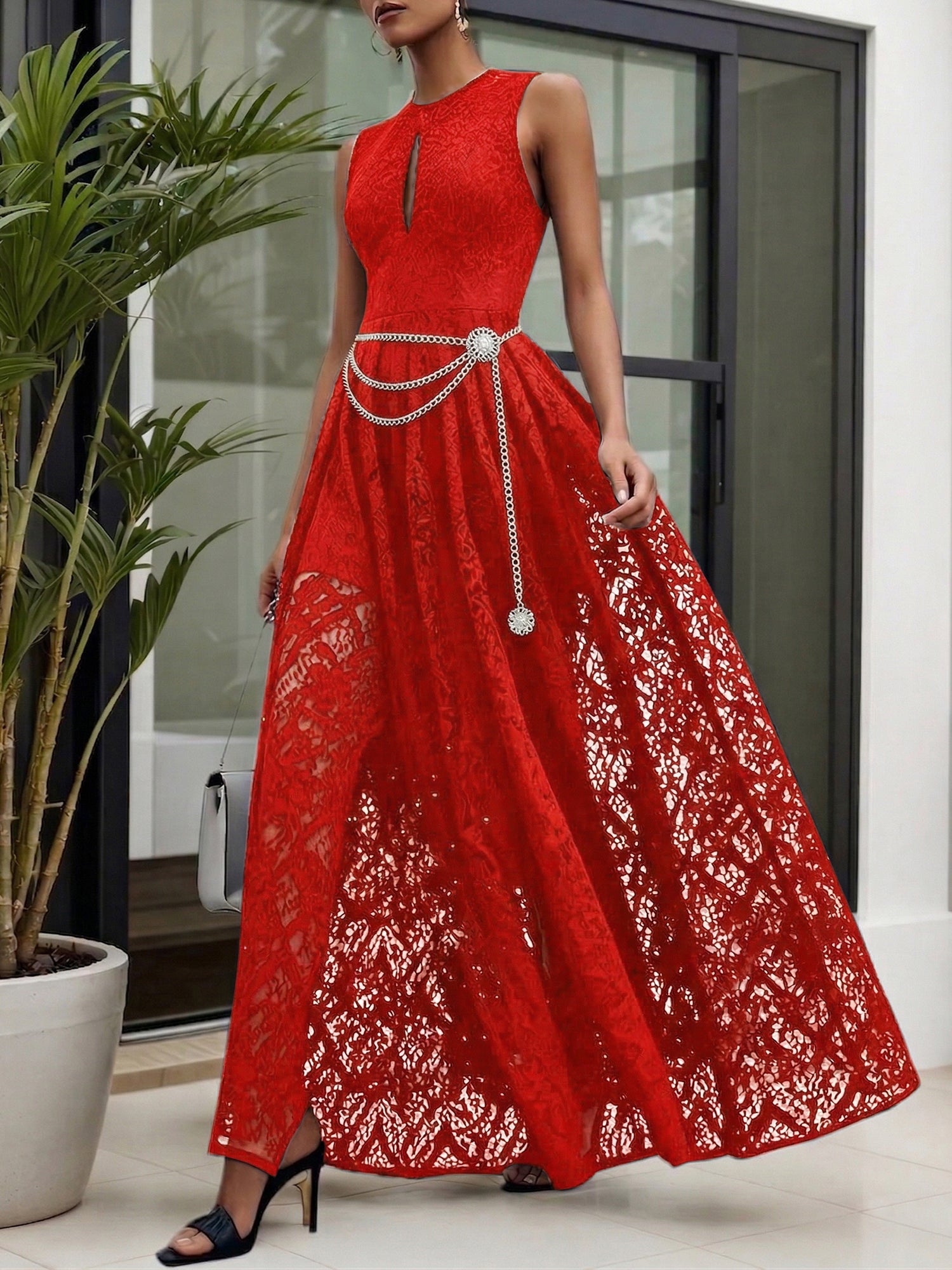 Midnight Black Lace Hollow Out Crew Neck Sleeveless A-Line Maxi Dress