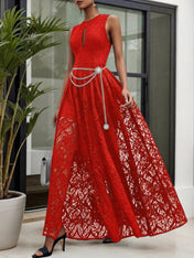 Midnight Black Lace Hollow Out Crew Neck Sleeveless A-Line Maxi Dress