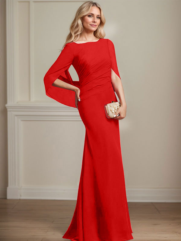 Mermaid Boat Neck Floor-Length Chiffon Mother of the Bride Dress With Pleated