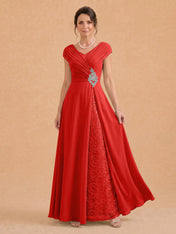 V-Neck Ruched Chiffon A-Line Mother of the Bride Dress with Crystal Brooch