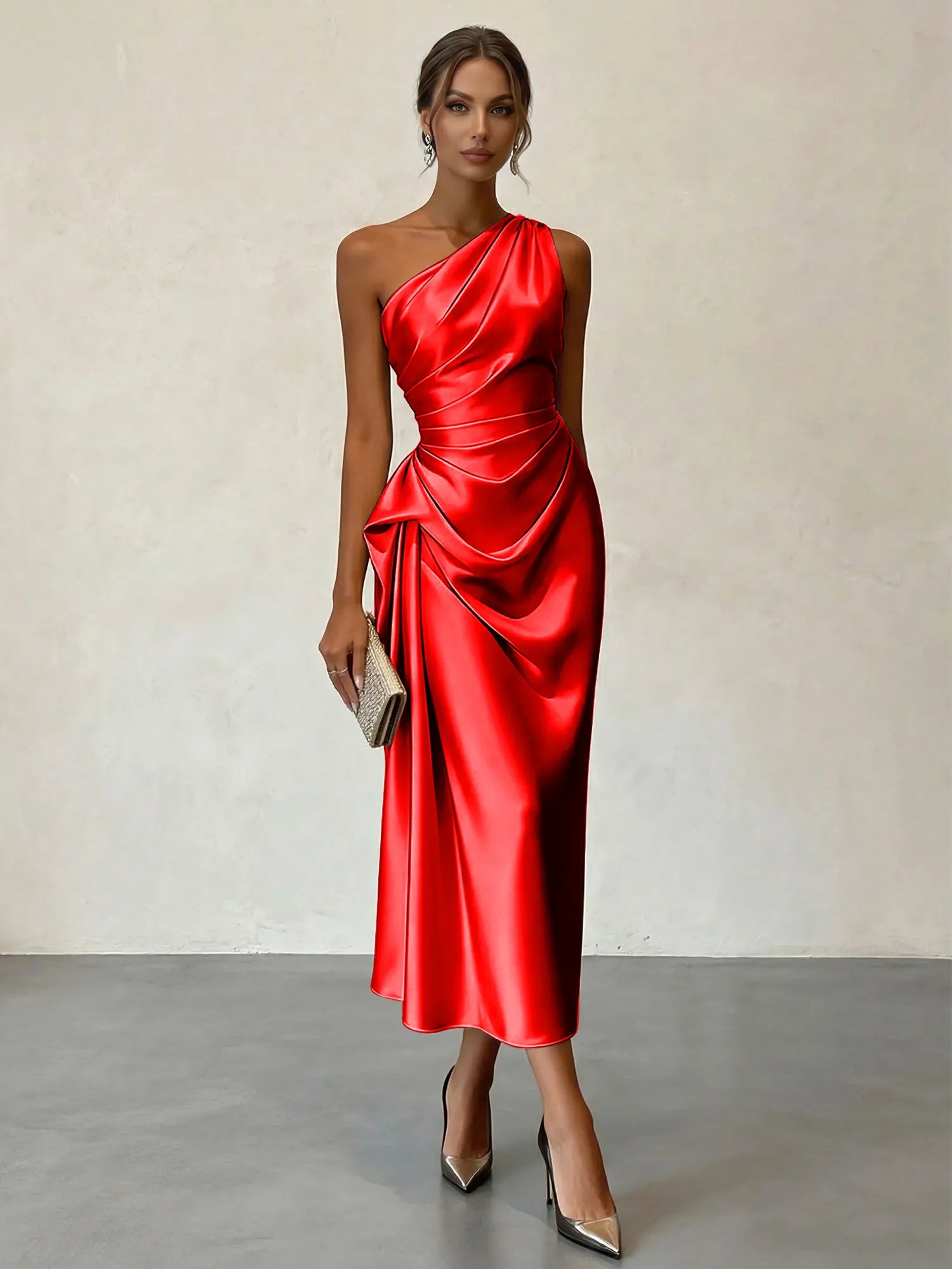 Champagne Ruched Satin One Shoulder Sleeveless Sheath Midi Dress