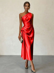 Champagne Ruched Satin One Shoulder Sleeveless Sheath Midi Dress