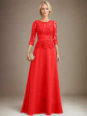 A-line Scoop Illusion Floor-Length Chiffon Lace Mother of the Bride Dress With Pleated Sequins Beading