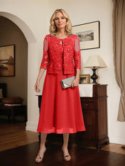 A-line Scoop Tea-Length Lace Chiffon Mother of the Bride Dress With Sequins