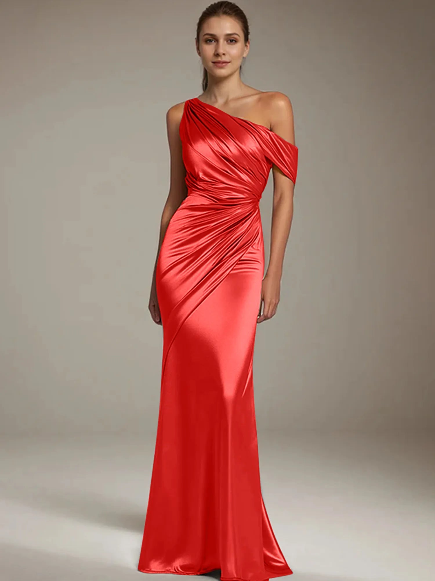 Formal Party Satin Dress Silver One-Shoulder Pleated  Floor-Length Dress