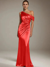 Formal Party Satin Dress Silver One-Shoulder Pleated  Floor-Length Dress