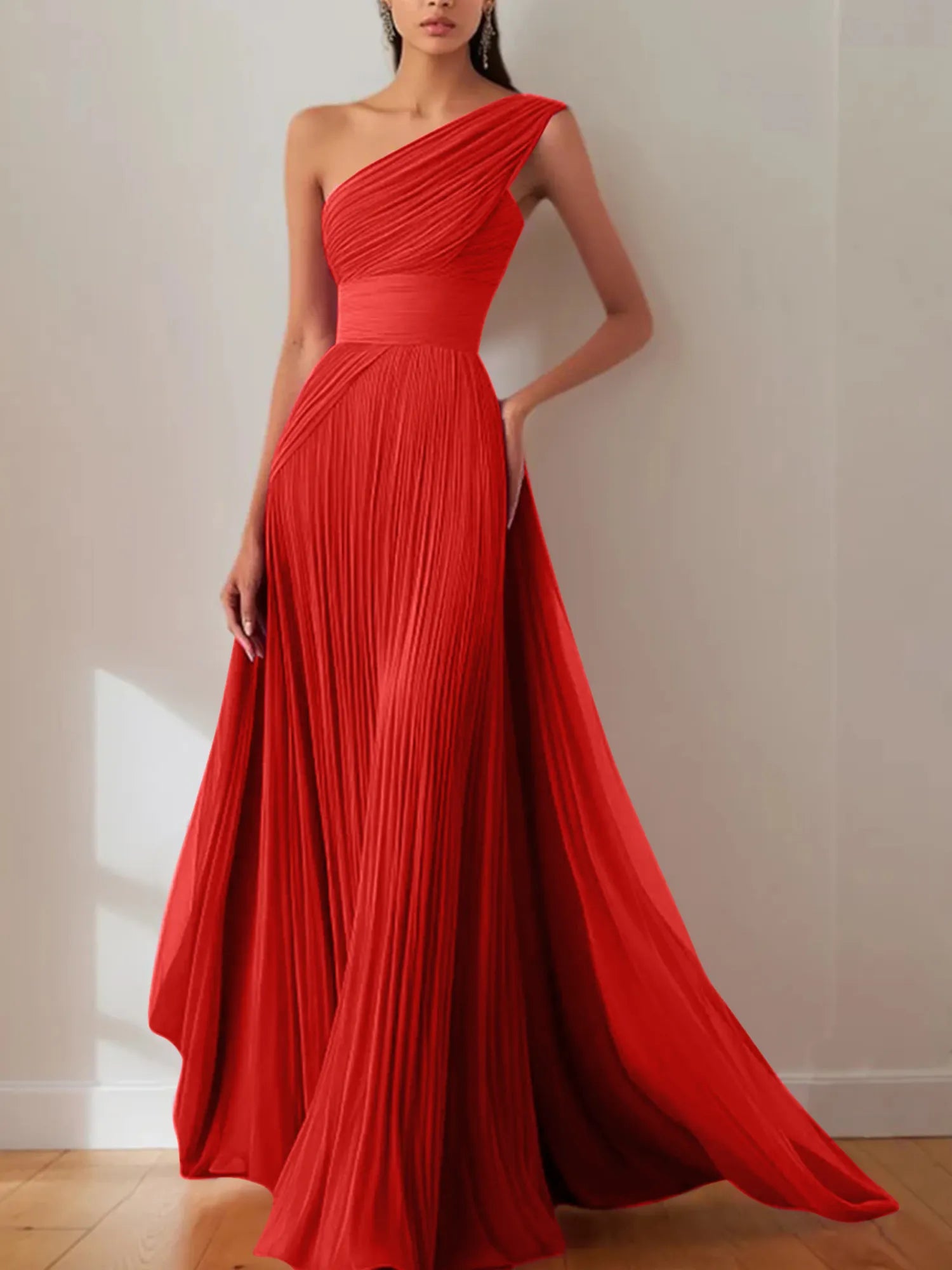Prom Formal Pleated Dress Rose Color One-Shoulder Maxi Dress