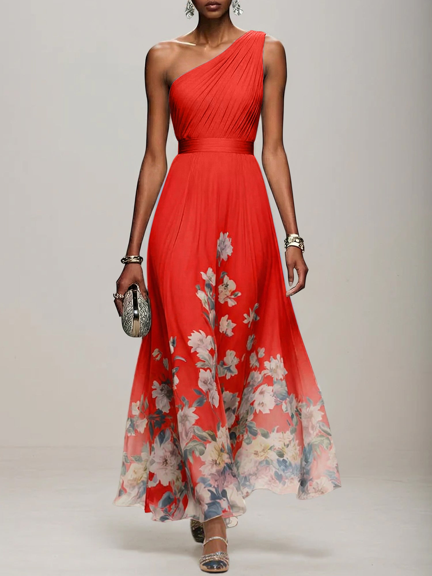 Light Blue Floral Chiffon One Shoulder Sleeveless A-Line Maxi Dress Gown