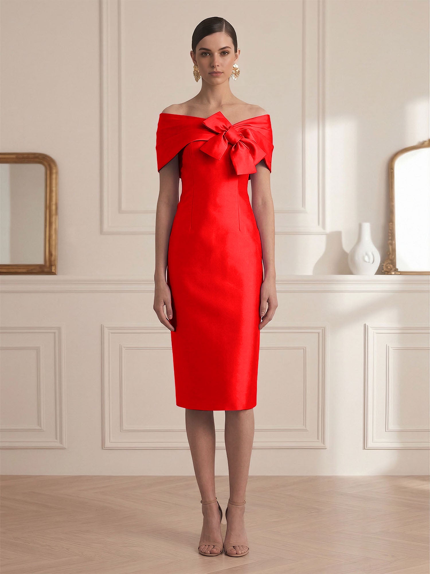 Chic Rose Red Off-the-Shoulder Bow Satin Sheath Midi Dress
