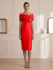 Chic Rose Red Off-the-Shoulder Bow Satin Sheath Midi Dress