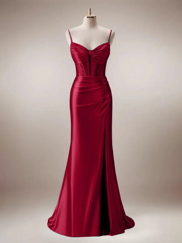 Red Mermaid Corset Spaghetti Straps Long Prom Dress with Slit
