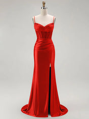Sparkly Satin Mermaid Long Corset Prom Dress with Beading