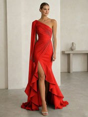 Glamorous Midnight Navy Formal Evening Dress One-Shoulder Ruched Cape Gown