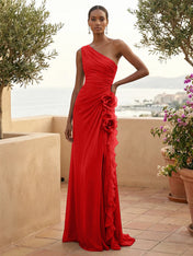 One Shoulder Pleat Mermaid A Line Ruffle Evening Dresses