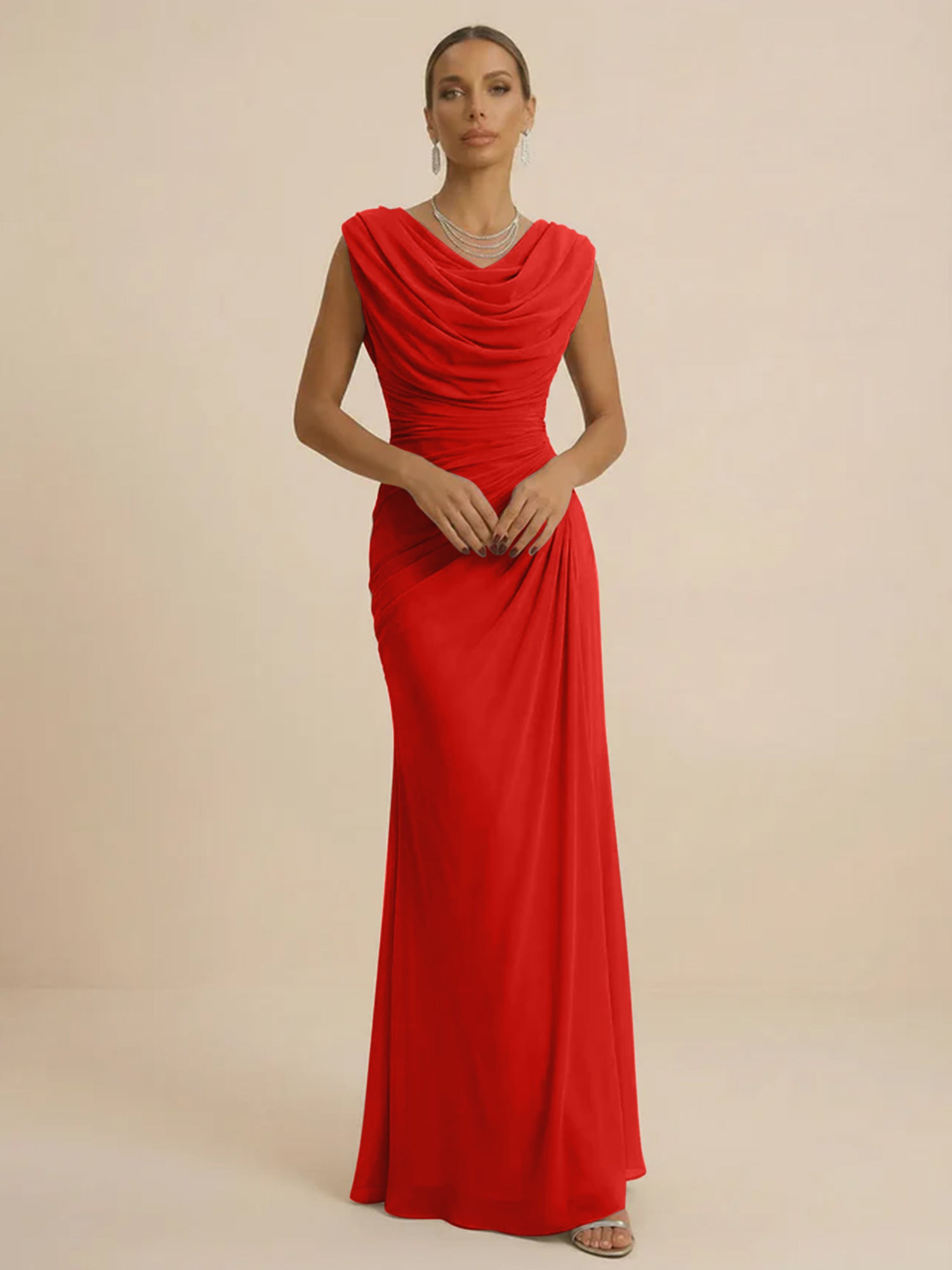 Dusty Grey Draped Cowl Neck Ruched Chiffon Evening Dresses