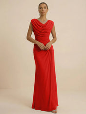 Dusty Grey Draped Cowl Neck Ruched Chiffon Evening Dresses