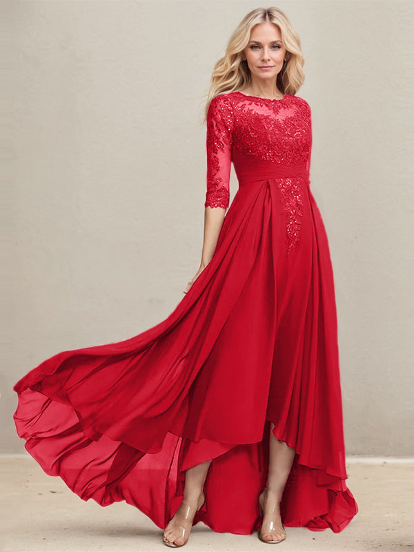 A-line Scoop Illusion Asymmetrical Lace Chiffon Mother of the Bride Dress With Pleated Sequins