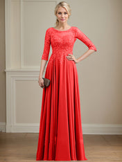 A-line Scoop Illusion Floor-Length Lace Chiffon Mother of the Bride Dress With Sequins