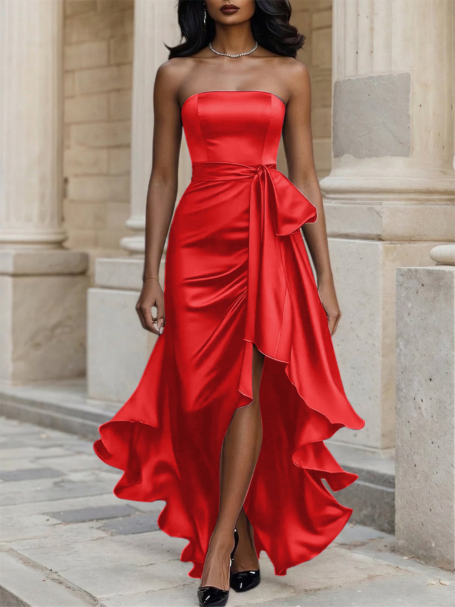 Glamorous Formal Dress Midnight Navy Strapless Satin Gown Midi Dress